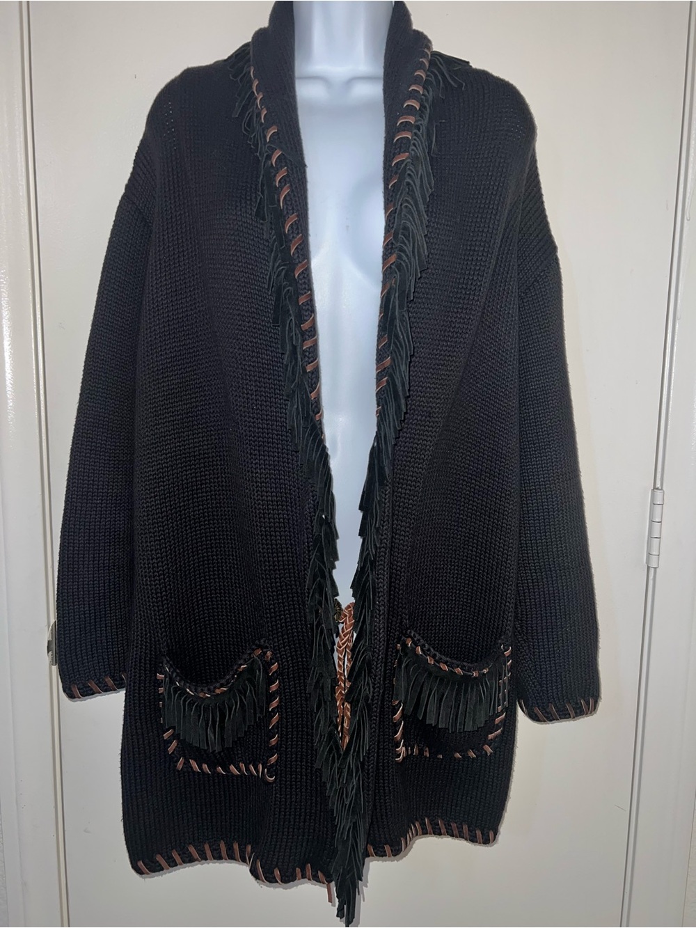 Black Fringe Cardigan with Brown leather Trim